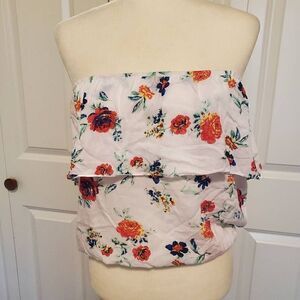 Black Poppy White Floral Strapless Top Medium